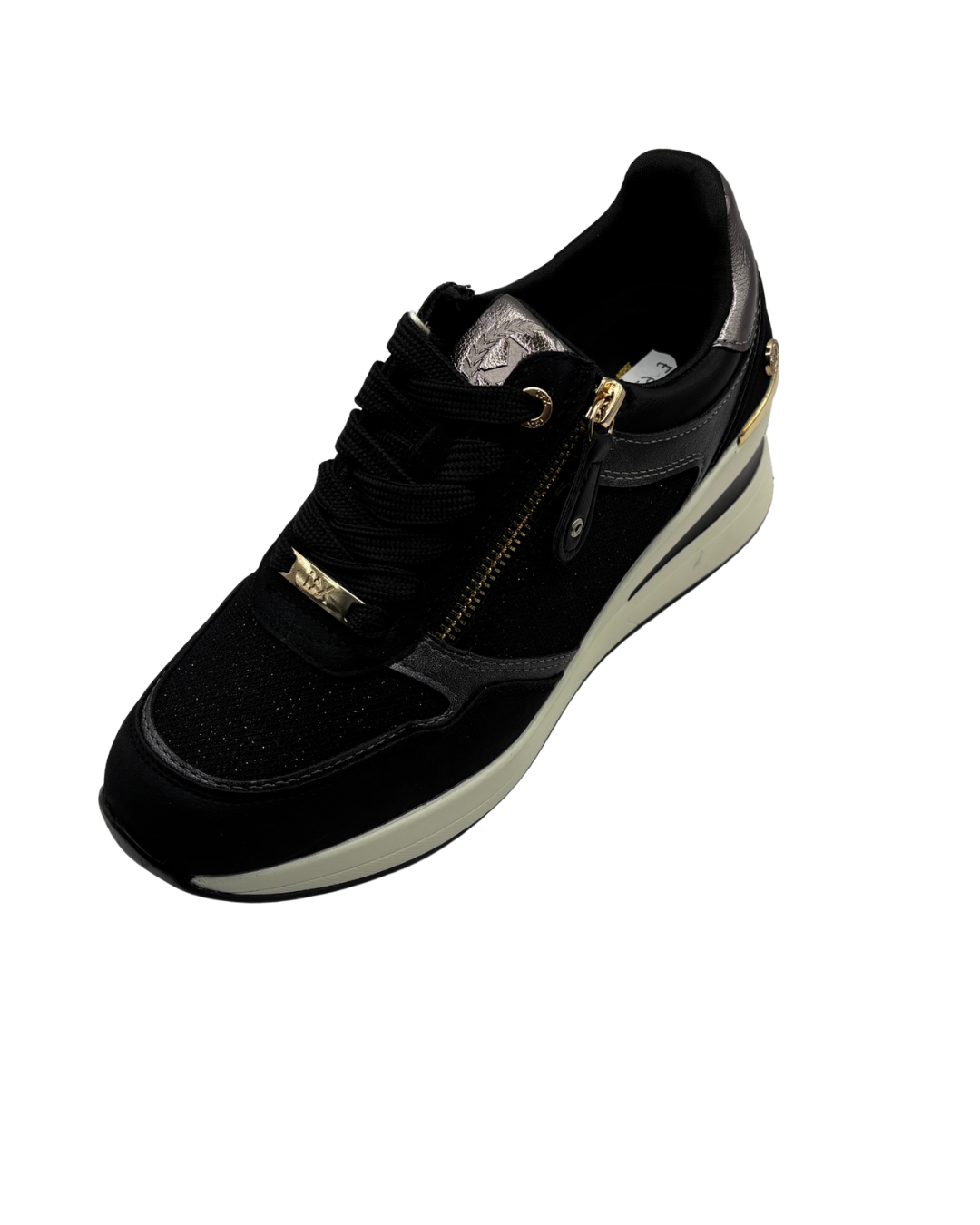 XTI Black Sparkle Wedged Trainer with Gold Zip