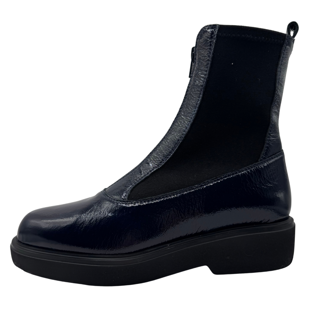 Unisa Navy Patent Boots with Front Zip