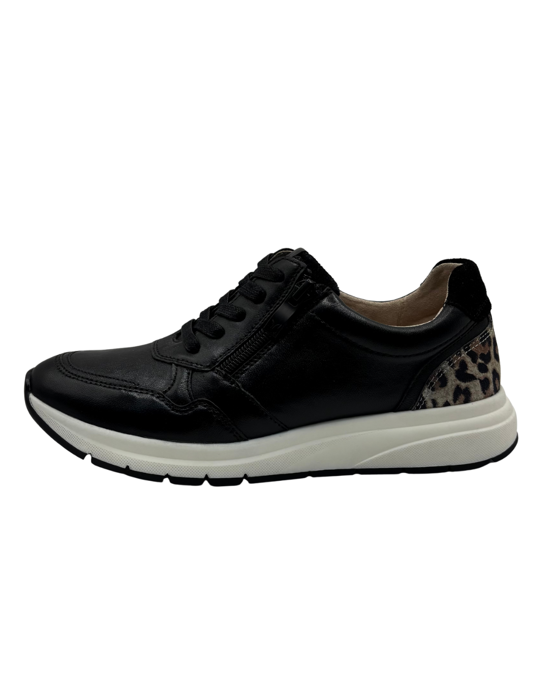 Caprice Black Trainer with Leopard Print Detail