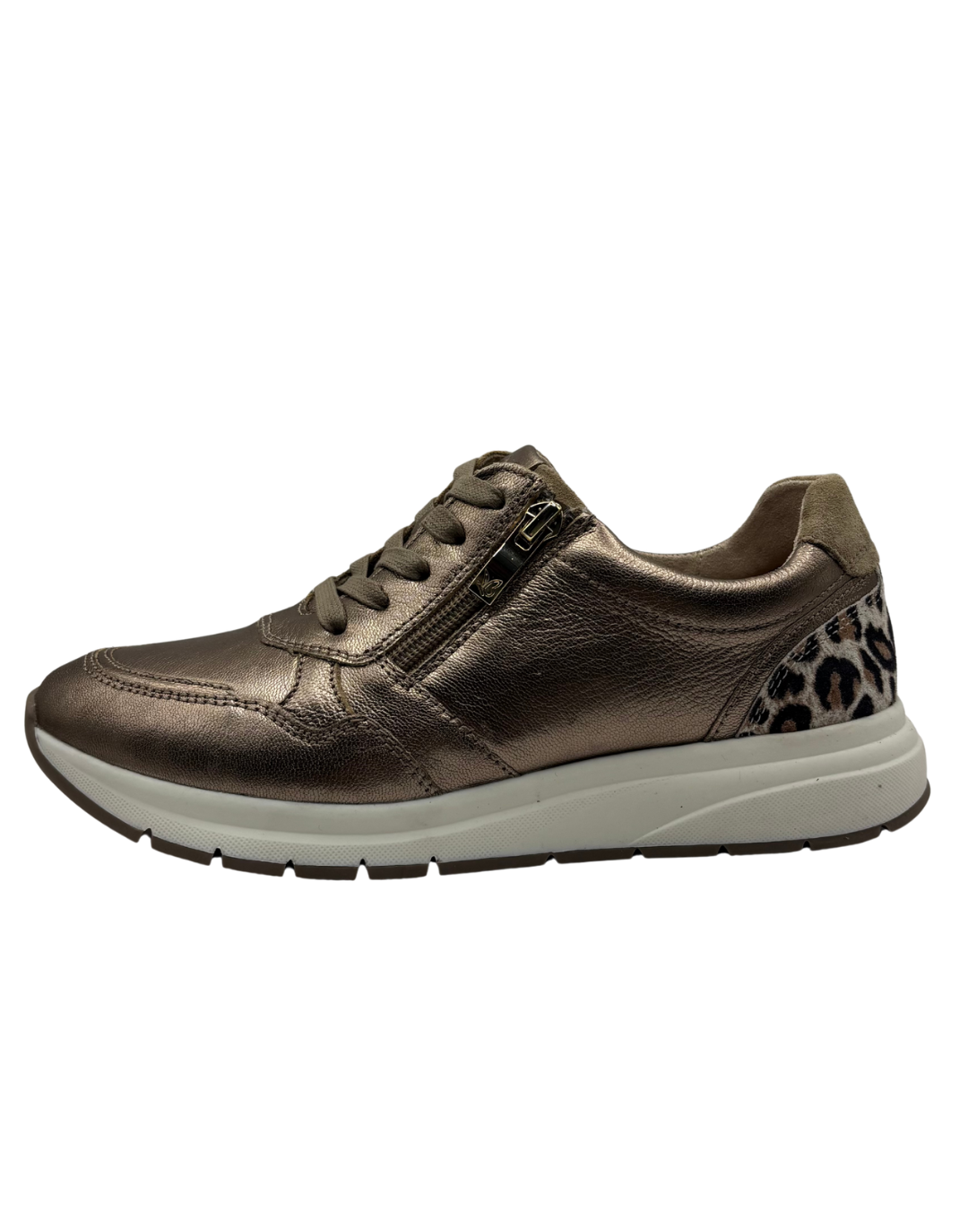 Caprice Metallic Gold Trainer with Leopard Print