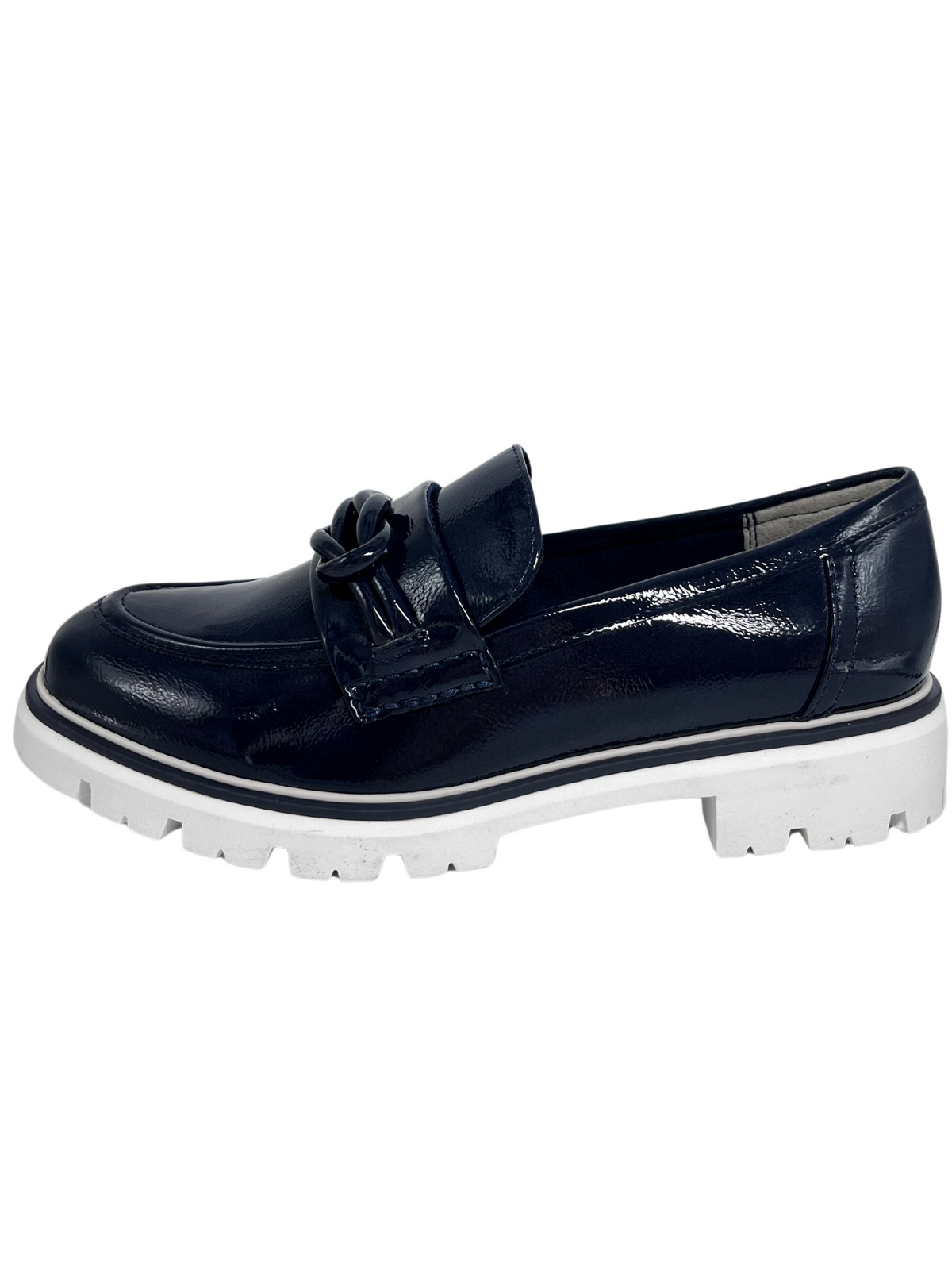 Marco Tozzi Navy Patent Loafer With Knot Design