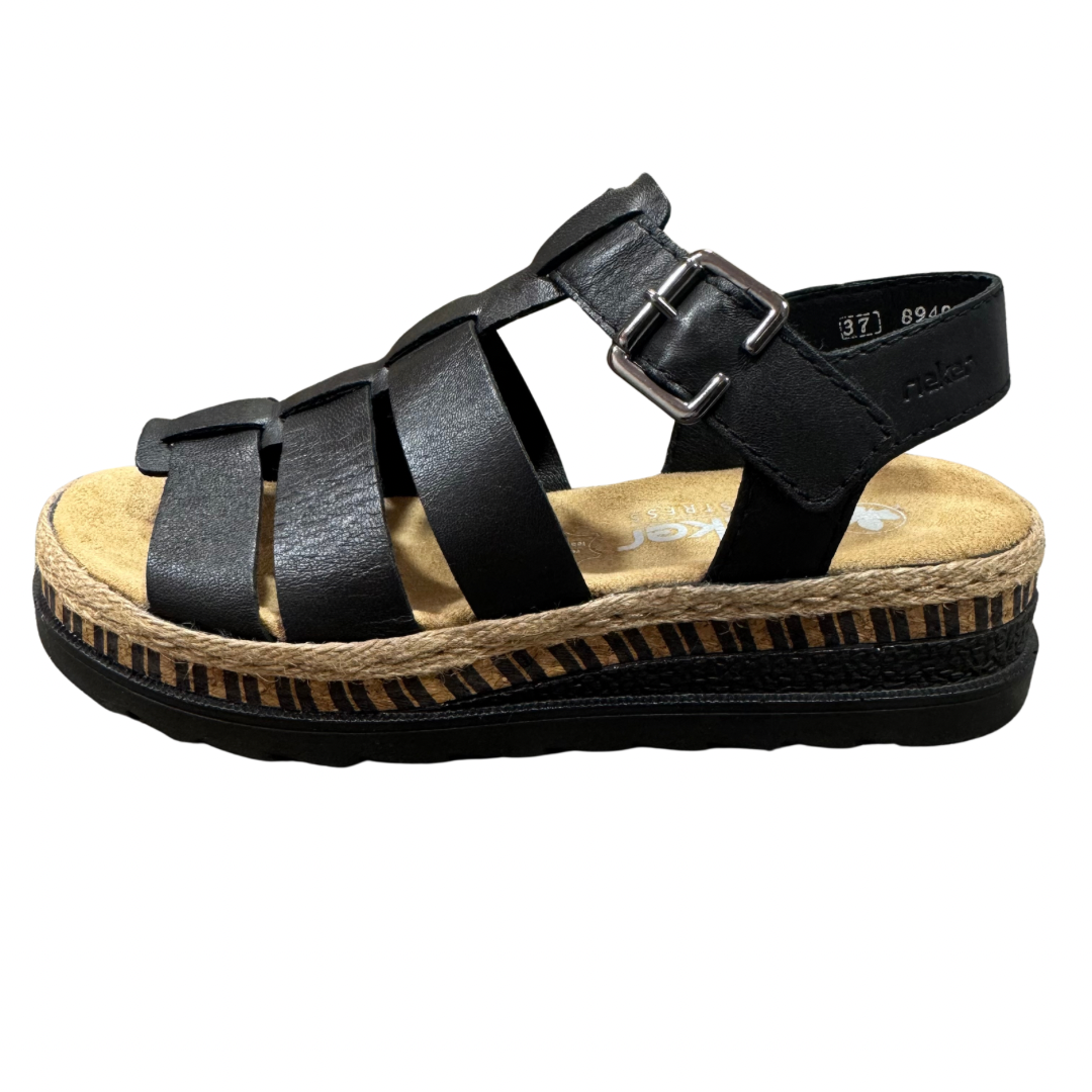 Rieker Black Platform Sandals with Woven Detail &amp; Velcro Straps