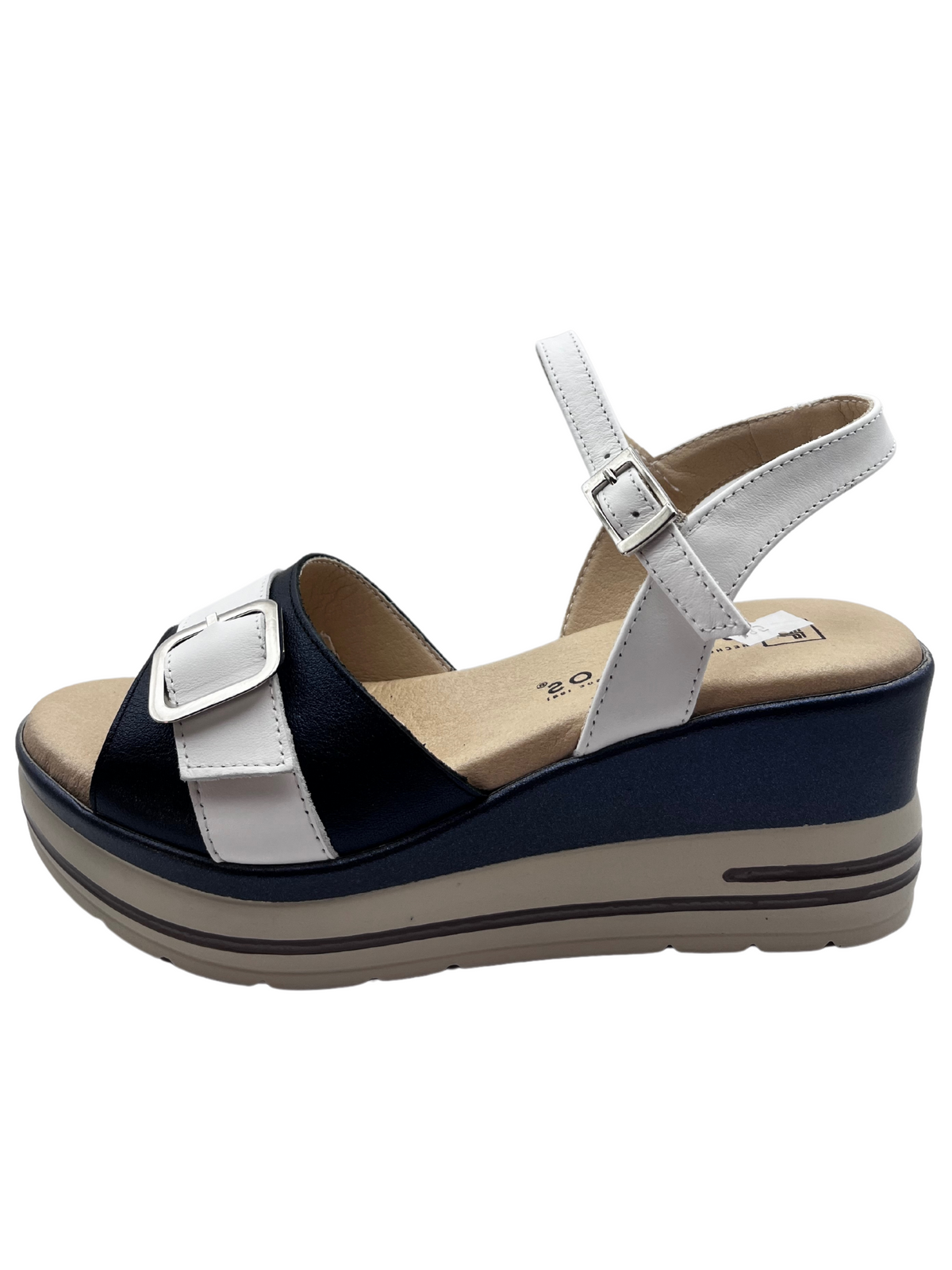 Pitillos Leather Navy Shimmer &amp; White Wedge Sandal