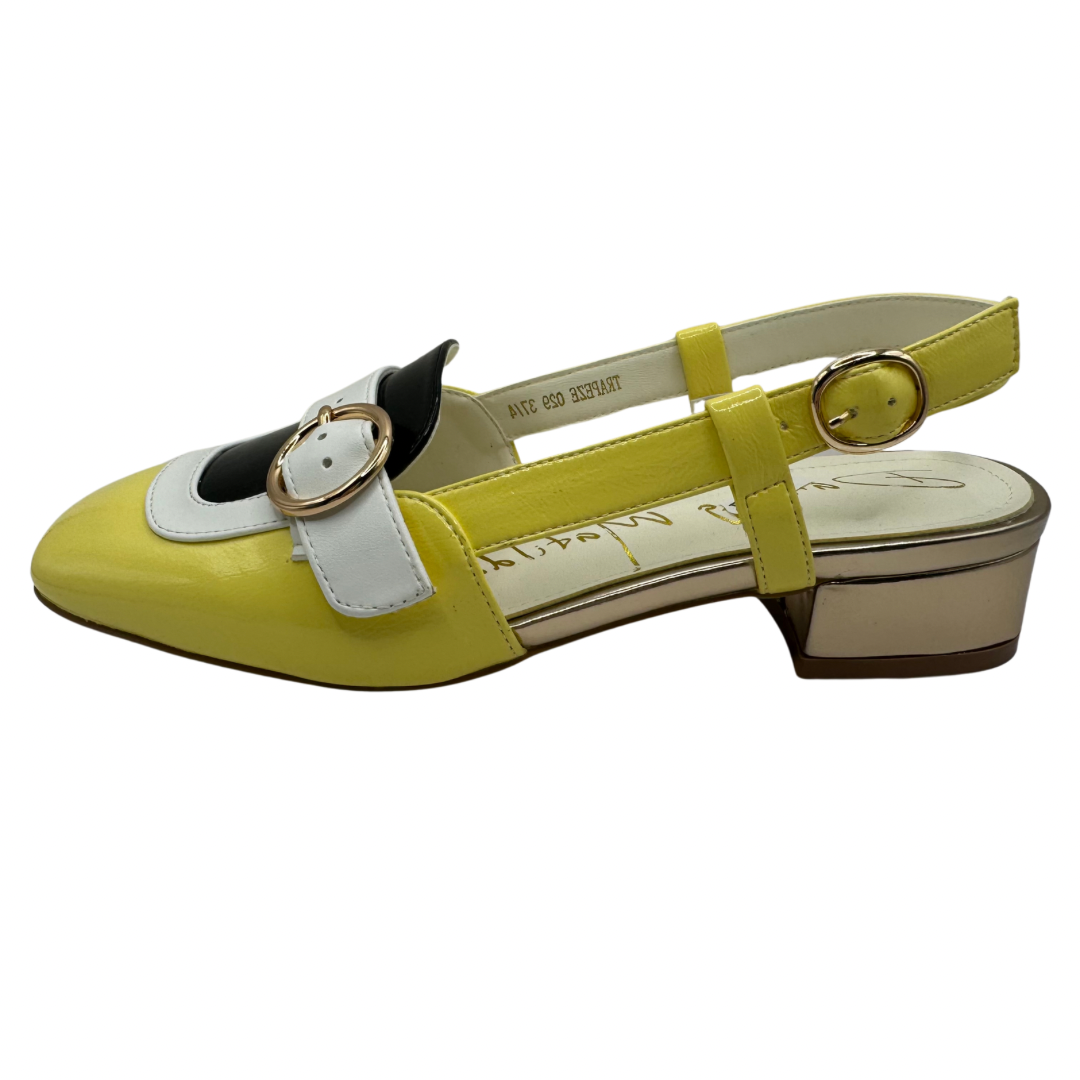 Dancing Matilda Yellow, White &amp; Black Low Slingbacks with Buckle Strap