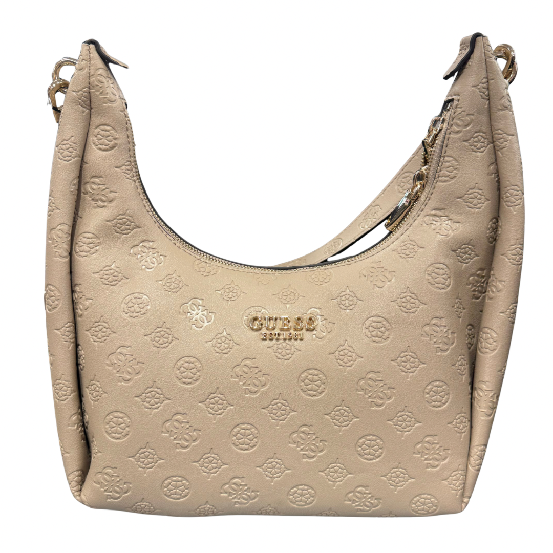 Guess Taupe Embossed Logo Print Shoulder Bag