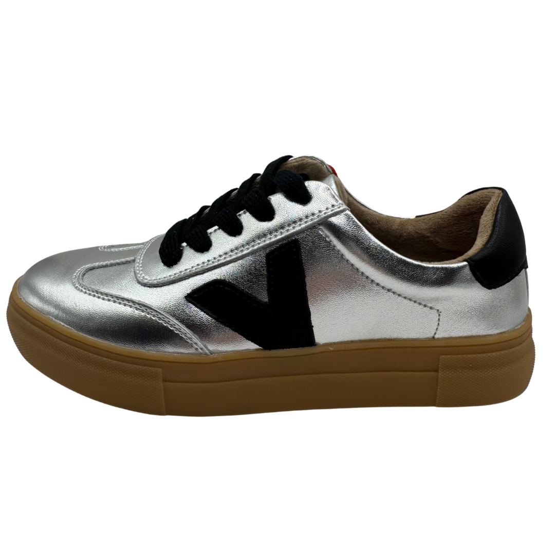 Drilleys Silver Metallic Platform Trainers with Black Detail