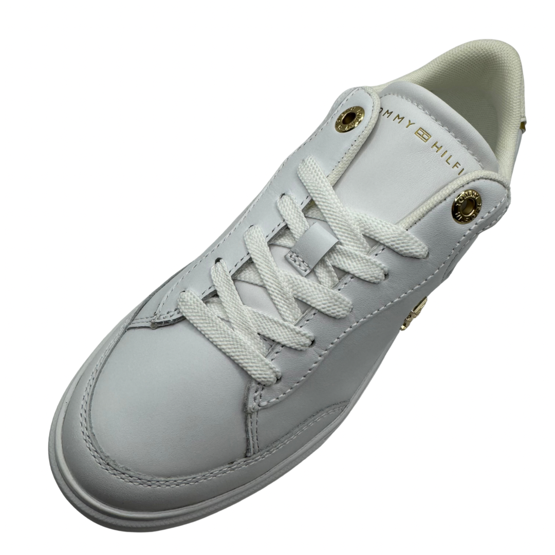 Tommy Hilfiger White Trainers with Gold Logo and Cream Heel