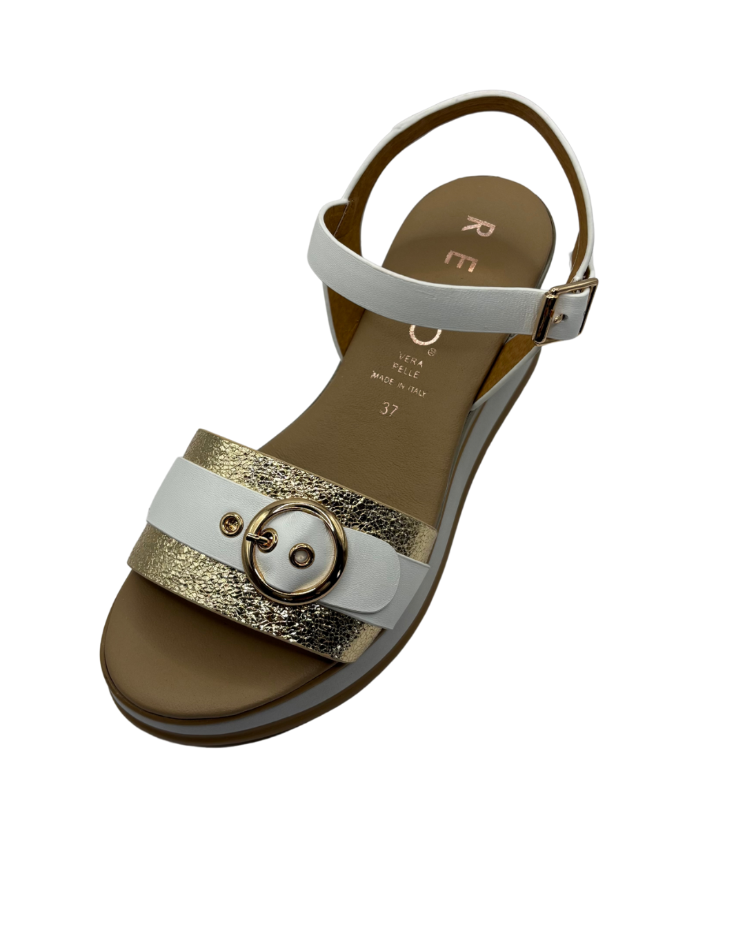 Repo White and Gold Wedged Sandal with Buckle