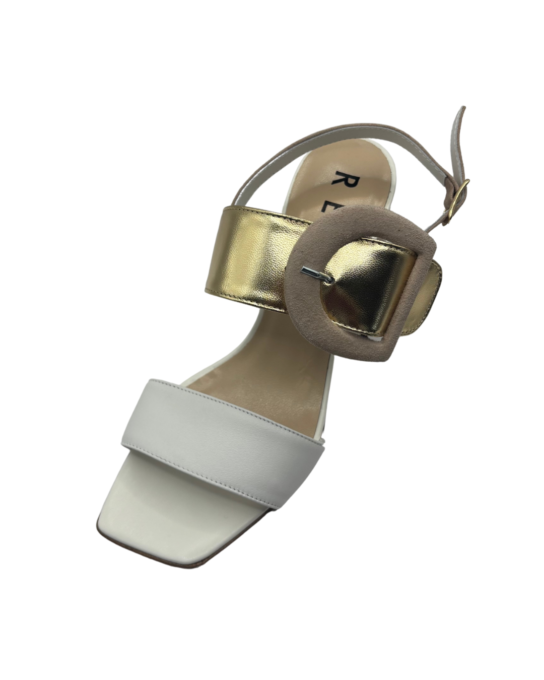 Repo Nude and White Heel with Gold Buckle