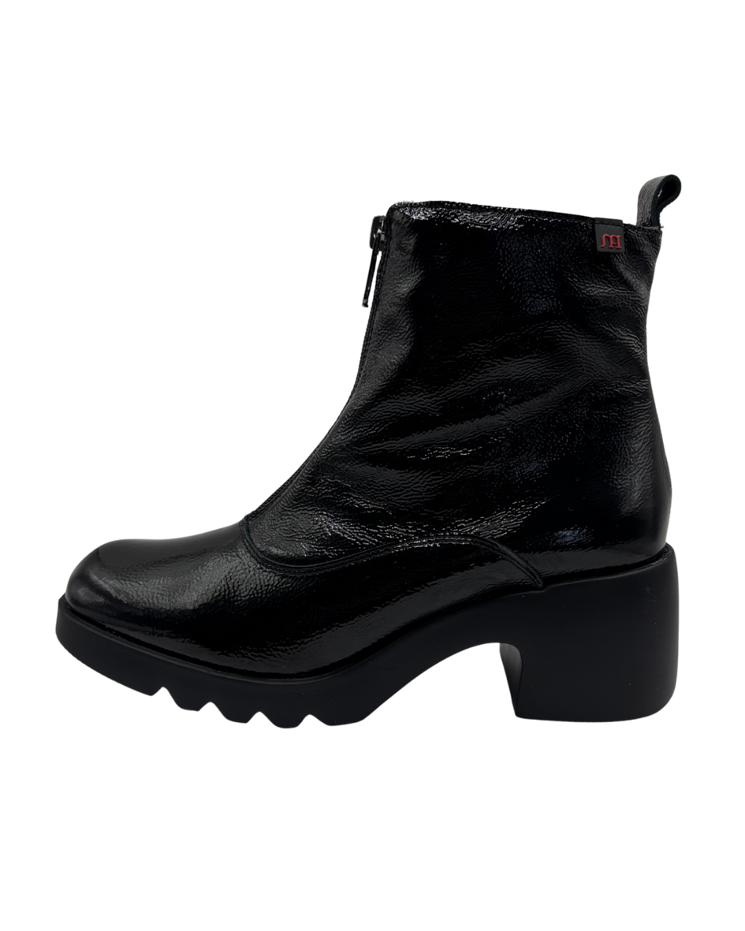 Pepe Saenz Black Patent Heeled Boot with Front Zip