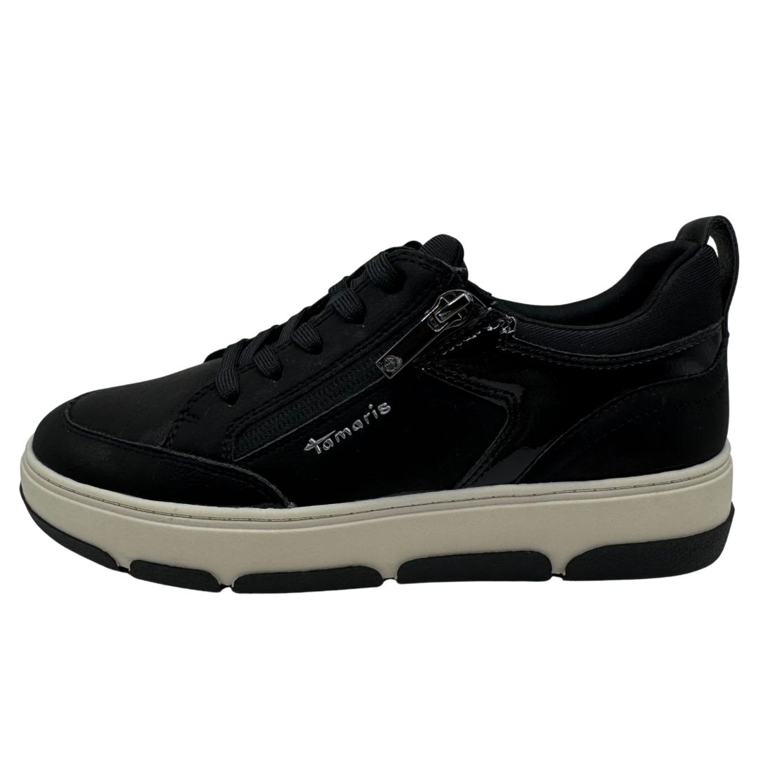 Tamaris Black Trainers with Patent Detail and White Sole