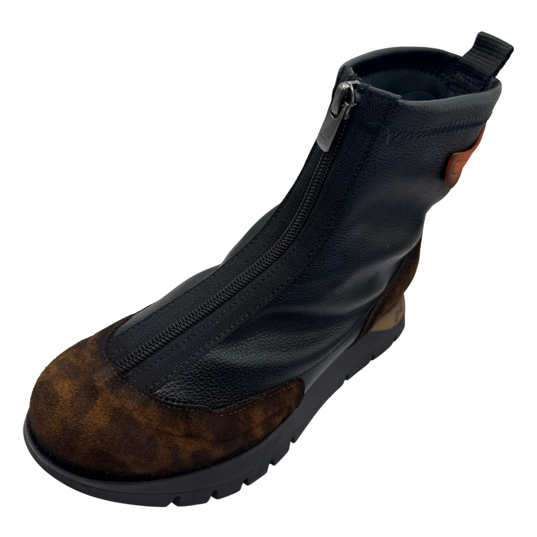Jose Saenz Black &amp; Leopard Print Boots with Orange Detail