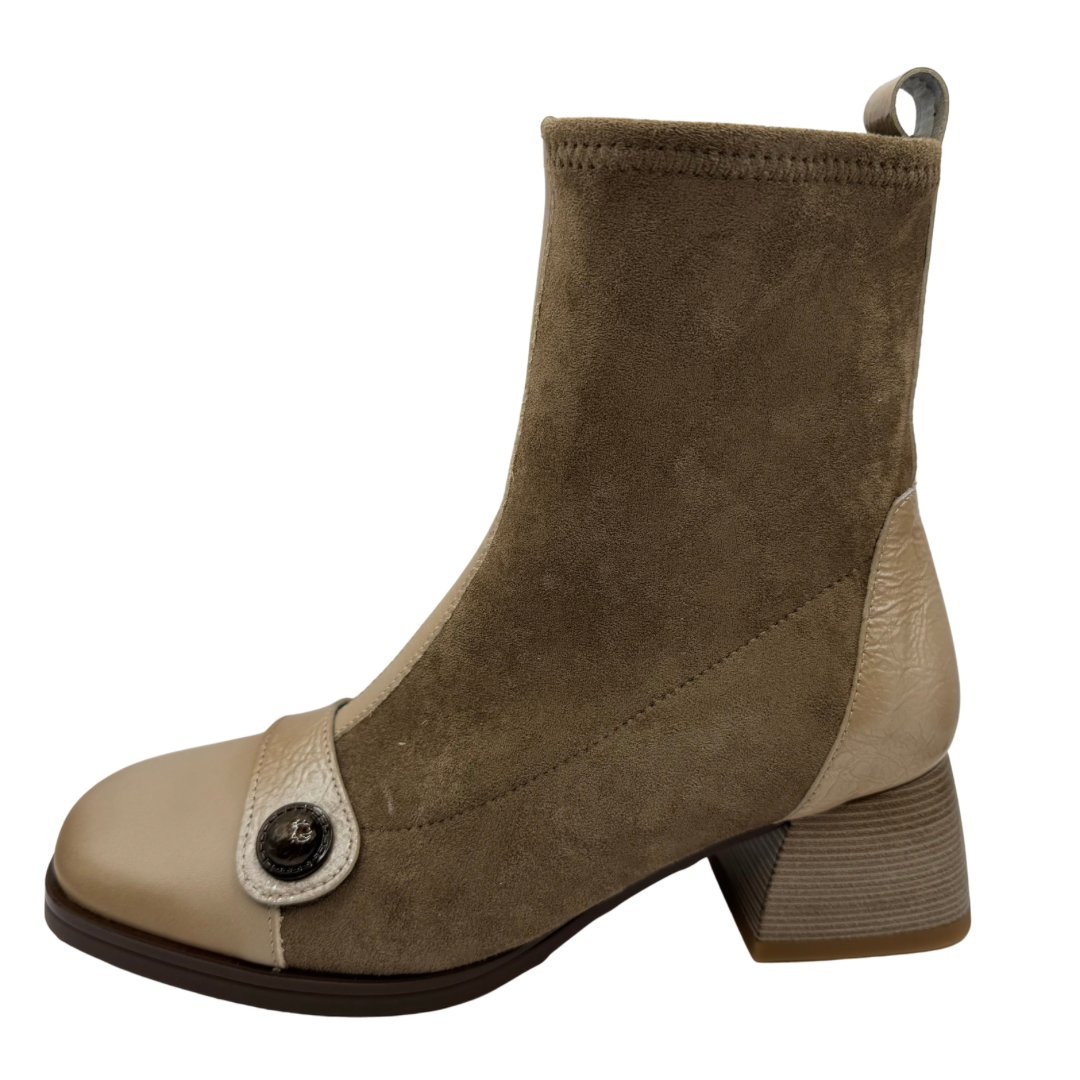 Hispanitas Beige Heeled Boots with Taupe and Button Detail