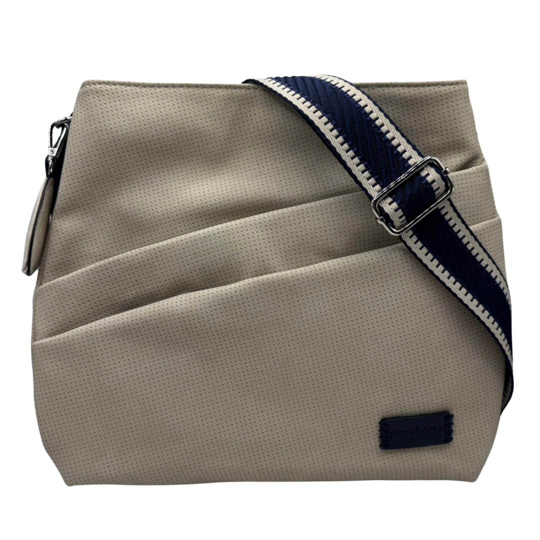 Rieker Beige Crossbody with Double Front Zip Pockets and Navy Material Strap