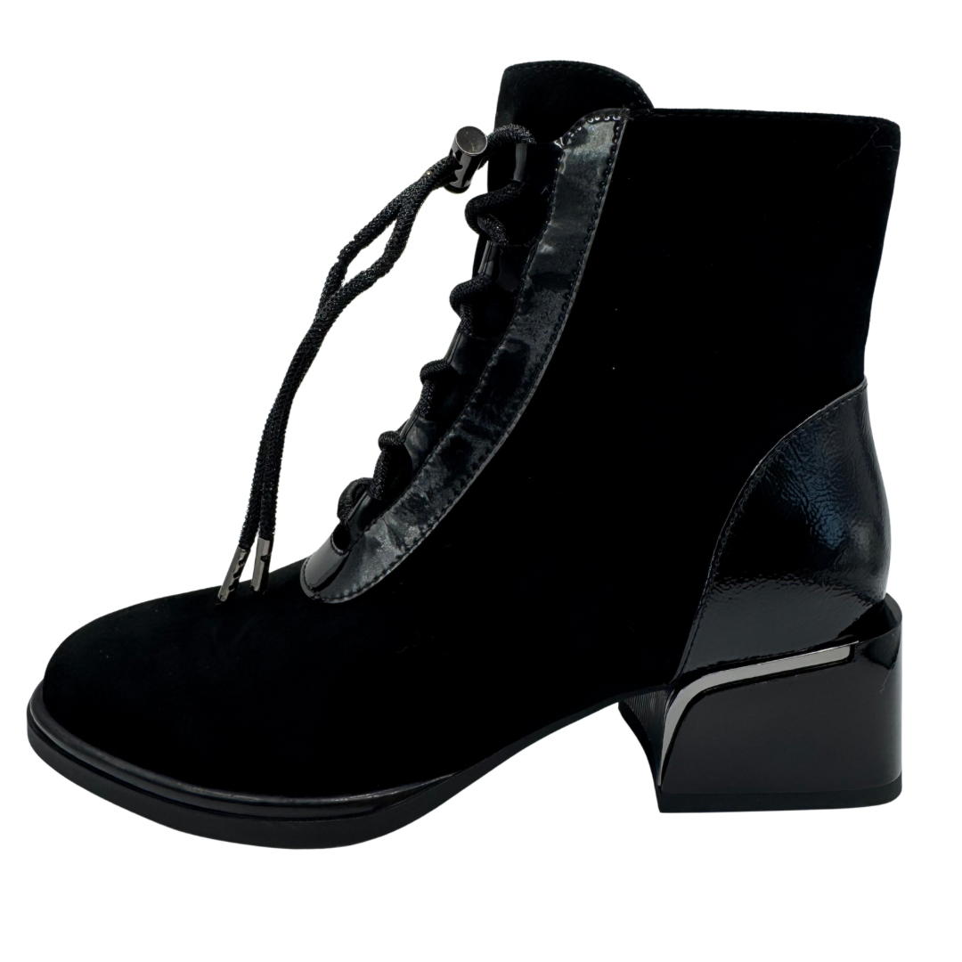 Loretta Vitale Black Suede Heeled Boots with Patent &amp; Lace Detail