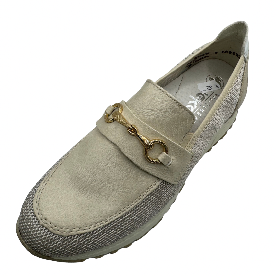 Rieker Beige Netted Loafers with Gold Buckle Detail