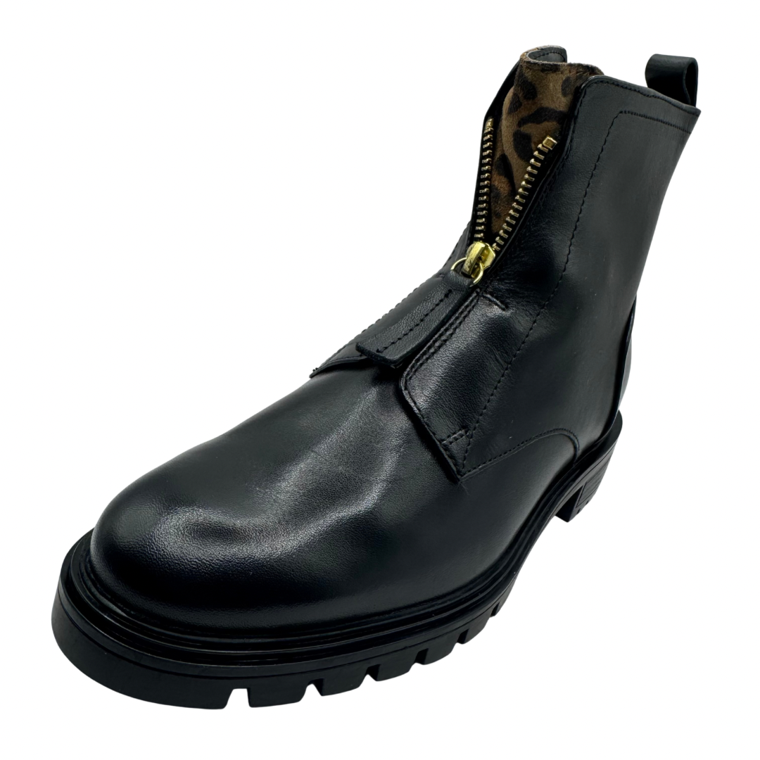 Ara Black Boots with Leopard Print Detail and Front Zip