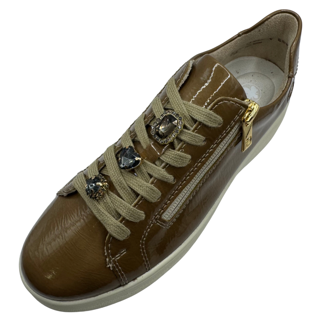 Rieker Beige Patent Trainers with Jewel Detail and Side Zip