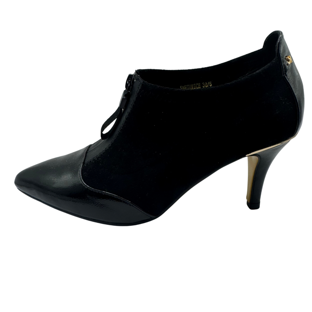 Kate Appleby Black Suede Ankle Boots with Front Zip and Patent Toe