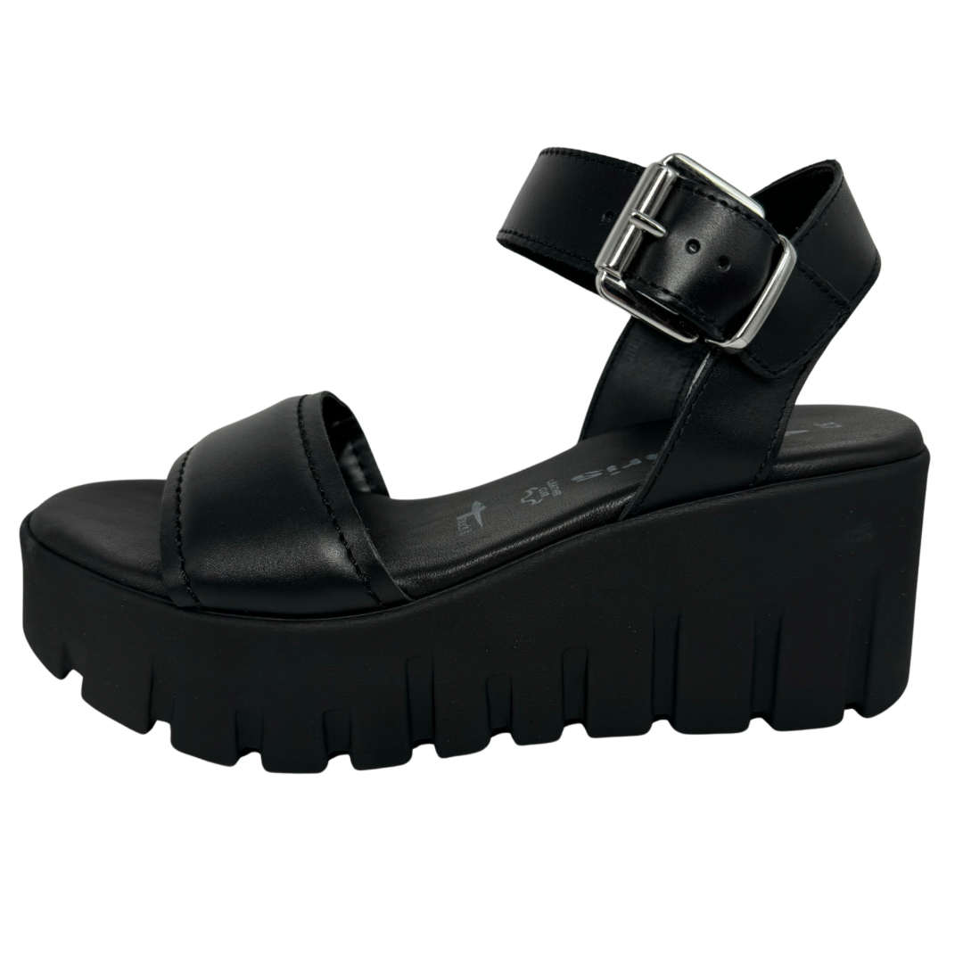 Tamaris Black Leather Wedge Sandals
