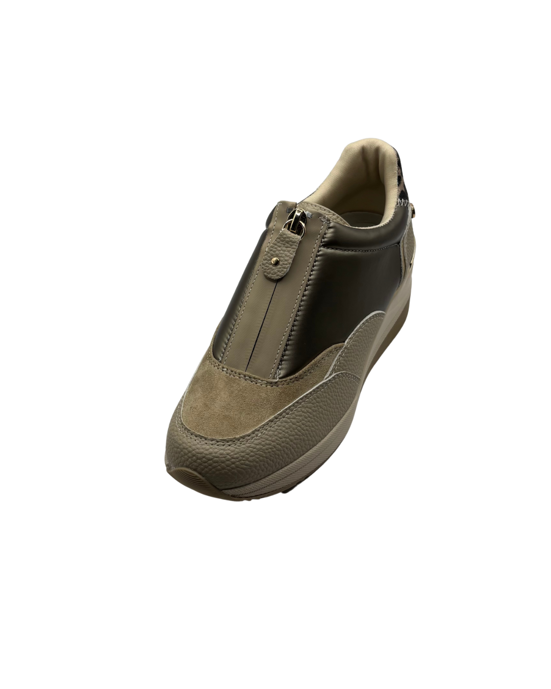 XTI Beige and Gold Wedged Trainers with Leopard Print Detail