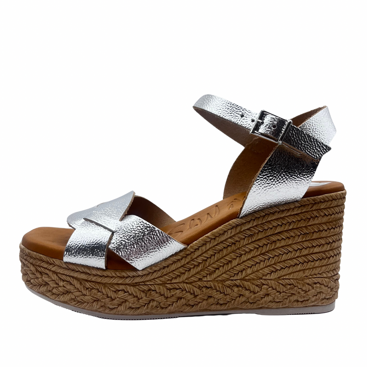 Oh My Sandals Woven Wedge Leather Silver Sandal