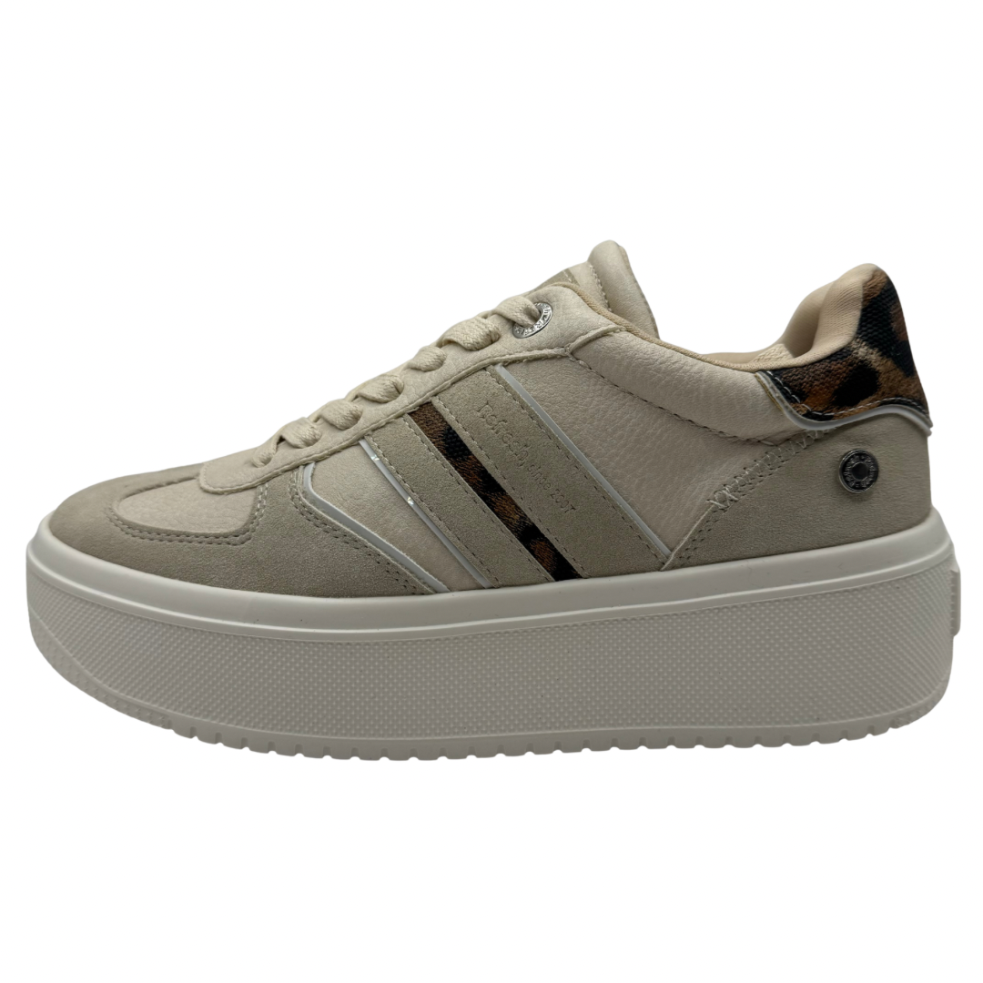 Refresh Cream &amp; Beige Platform Trainers with Leopard Print Detail