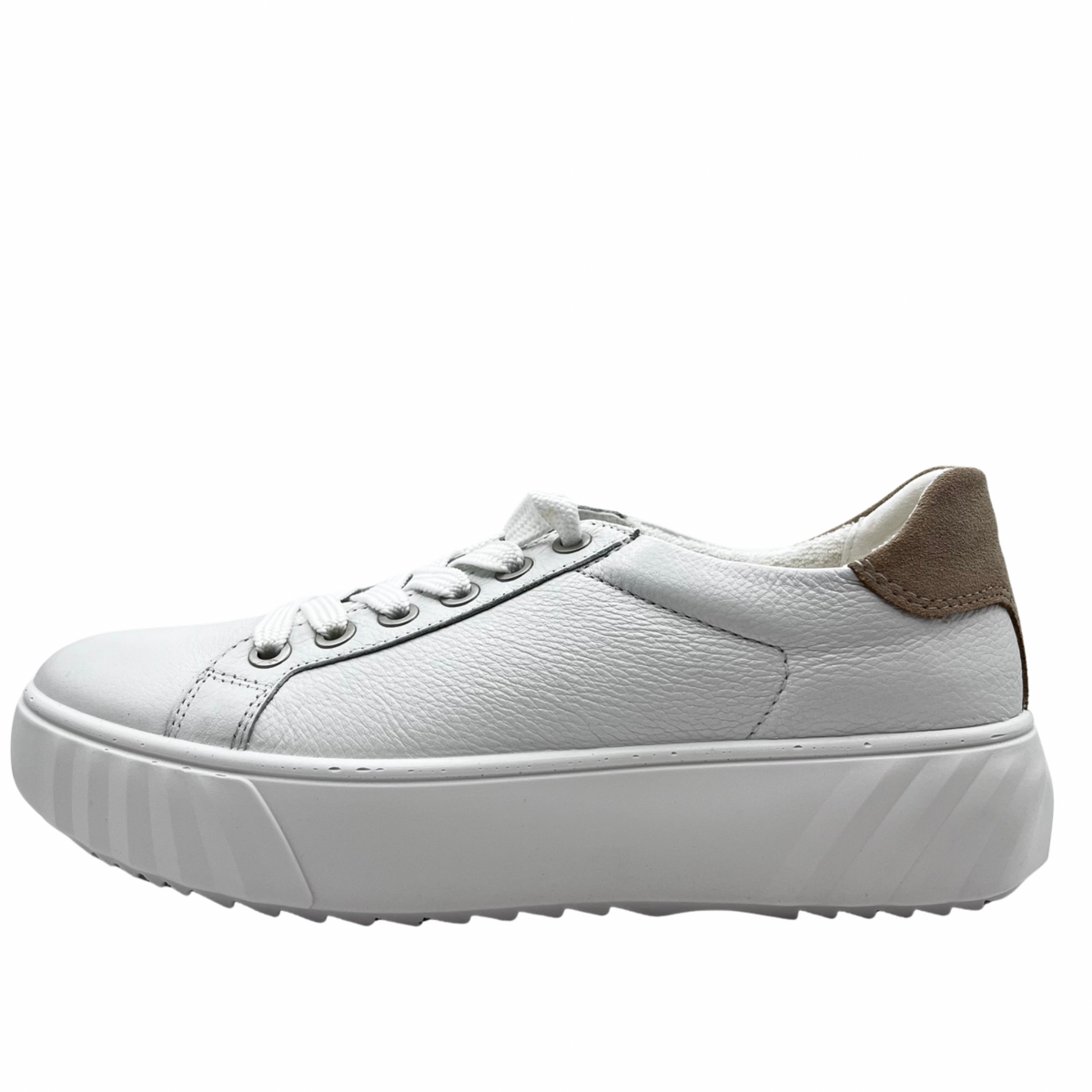 Ara Leather White Trainer With Beige Back