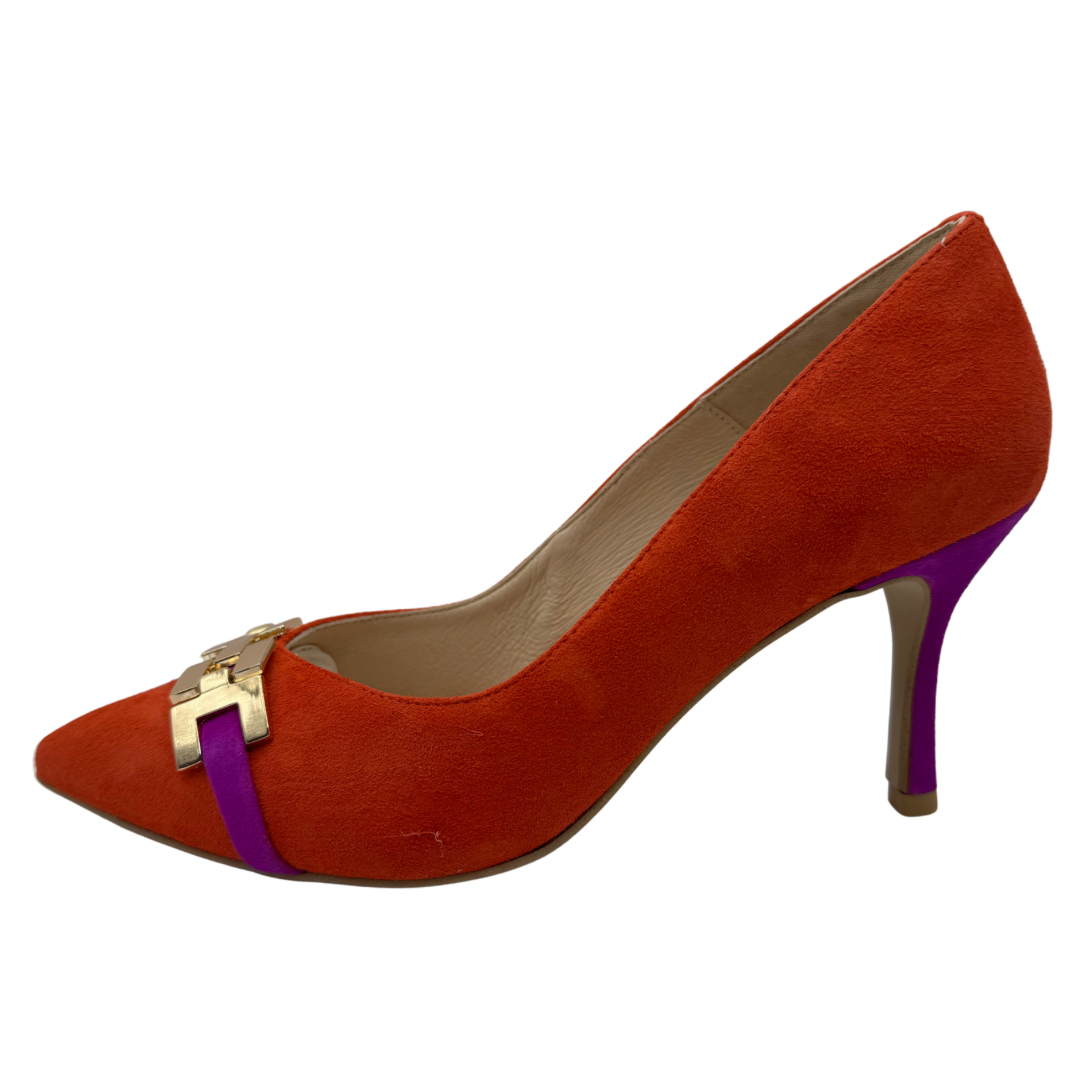 Emis Orange Suede Heels with Fuchsia &amp; Chain Detail