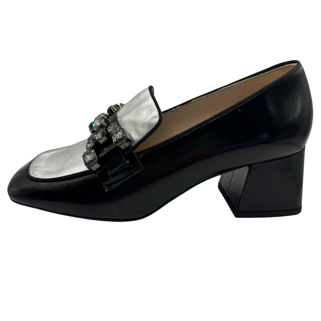 Marian Black Patent &amp; Silver Metallic Heeled Loafer