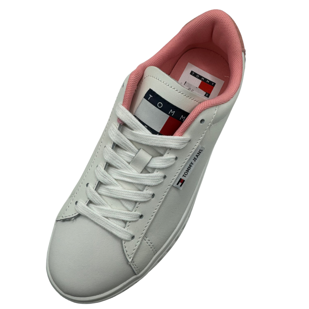 Tommy Jeans White Leather Trainers with Pink Detail