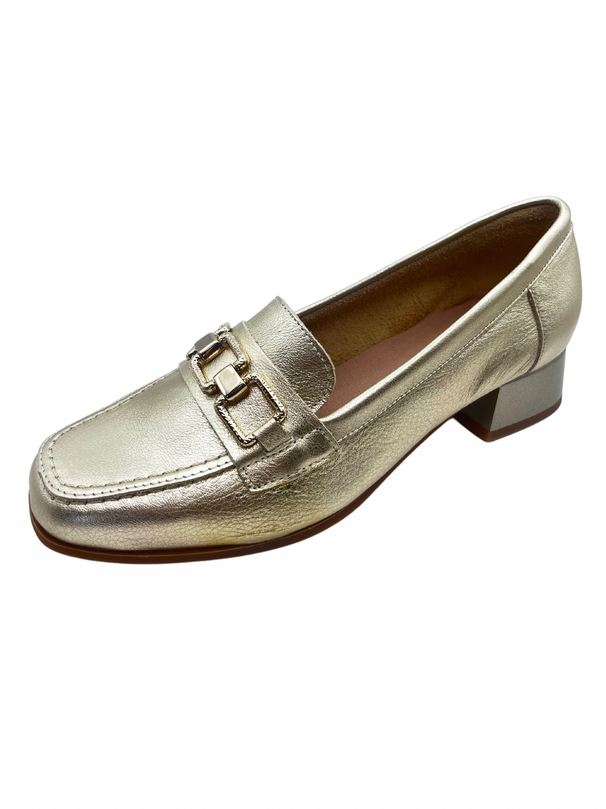 Pitillos Gold Leather Block Heel Loafer