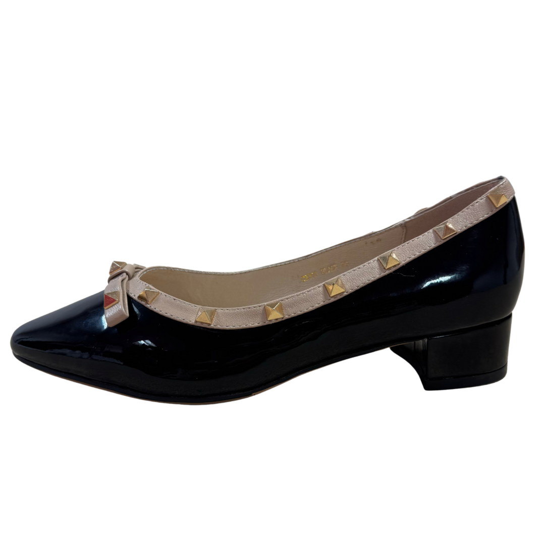 Loretta Vitale Black Patent &amp; Beige Heeled Shoe with Gold Stud Detail