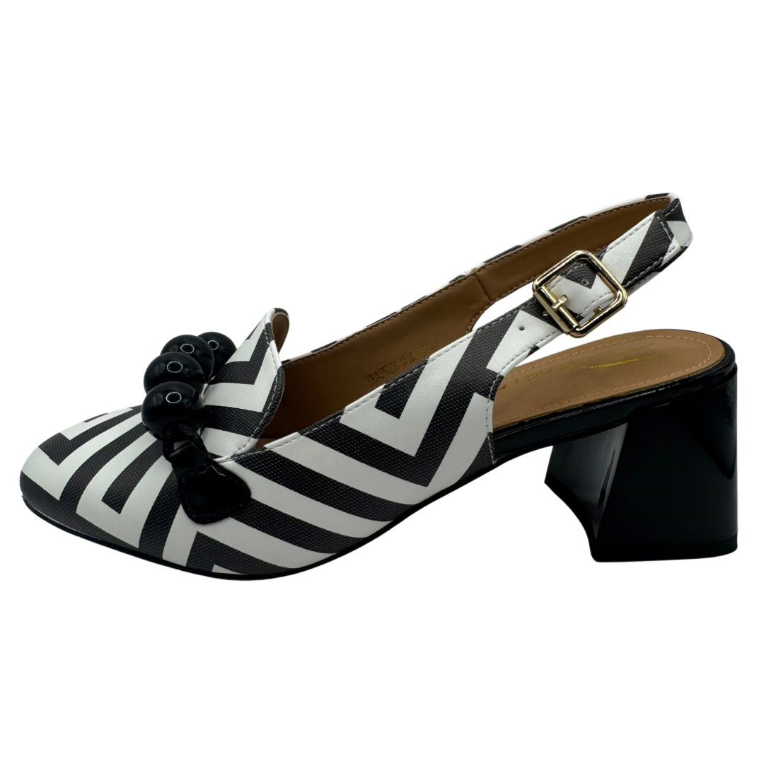 Dancing Matilda Black &amp; White Patterned Block Heel with Buckle Strap