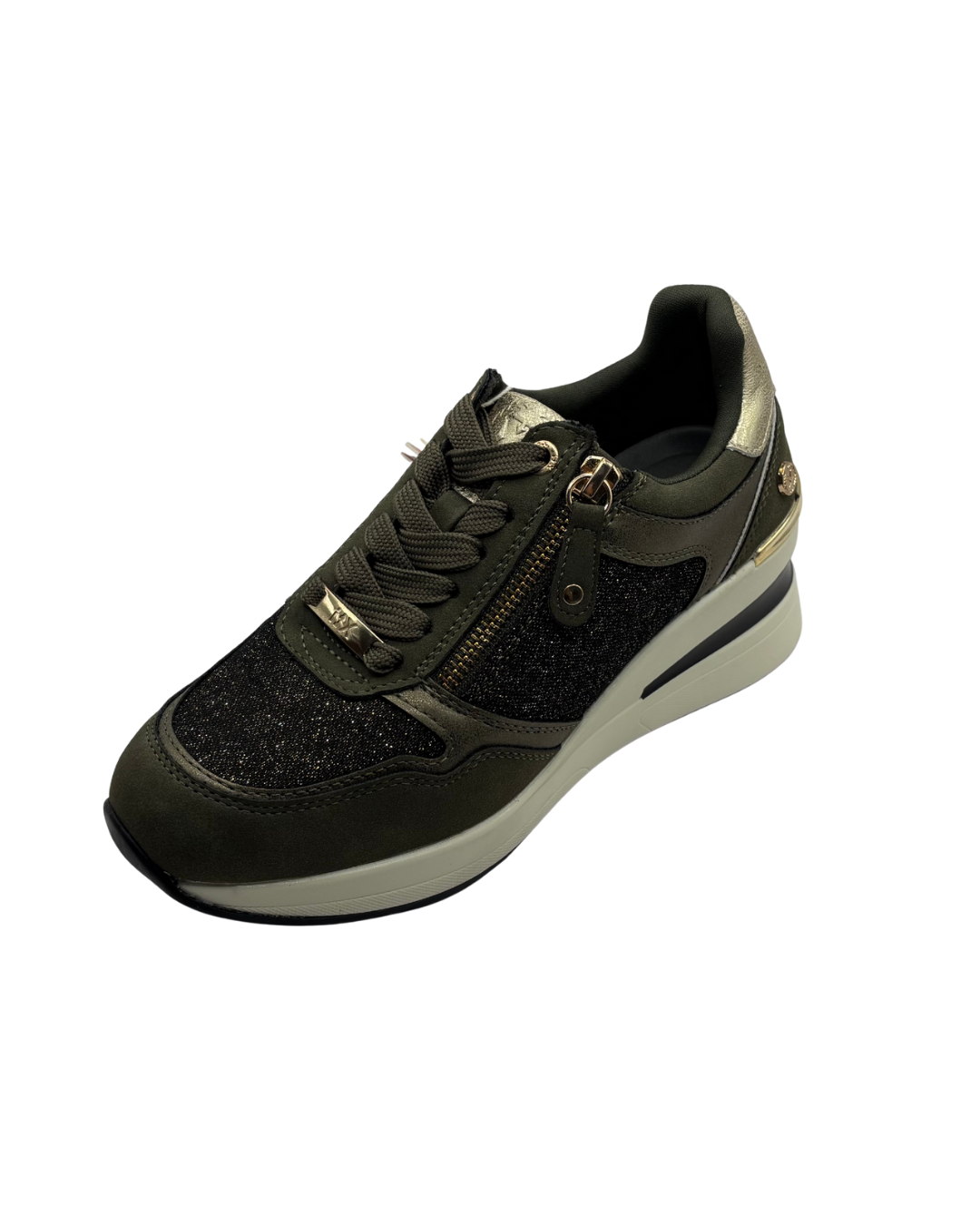 XTI Sparkle Green Wedged Trainer with Gold Detail