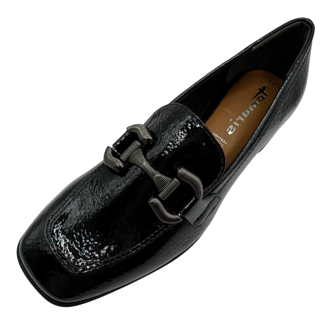 Tamaris Black Patent Loafers with Buckle Detail