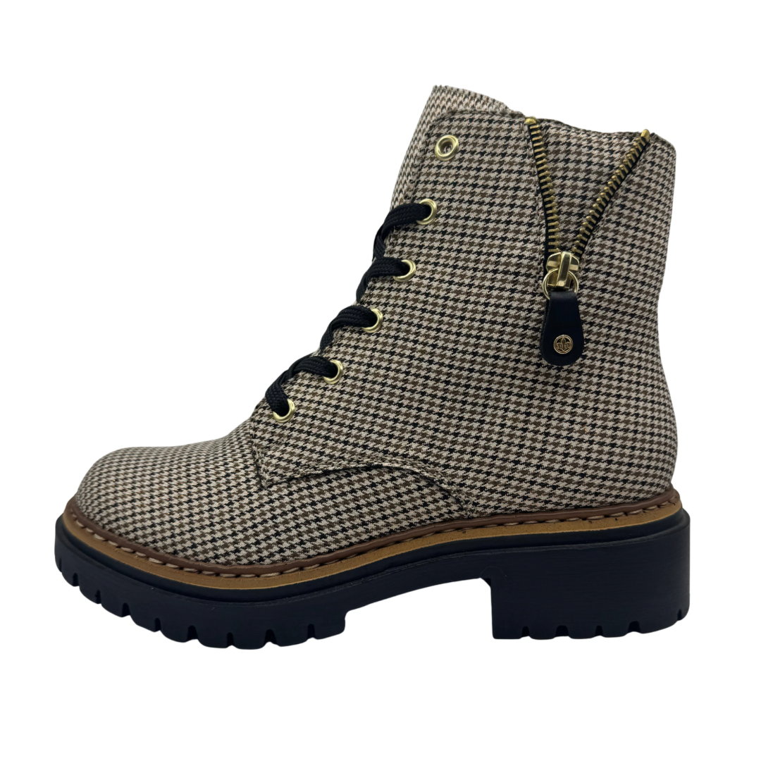 Rieker Beige Dogtooth Patterned Boots with Fleece Lining