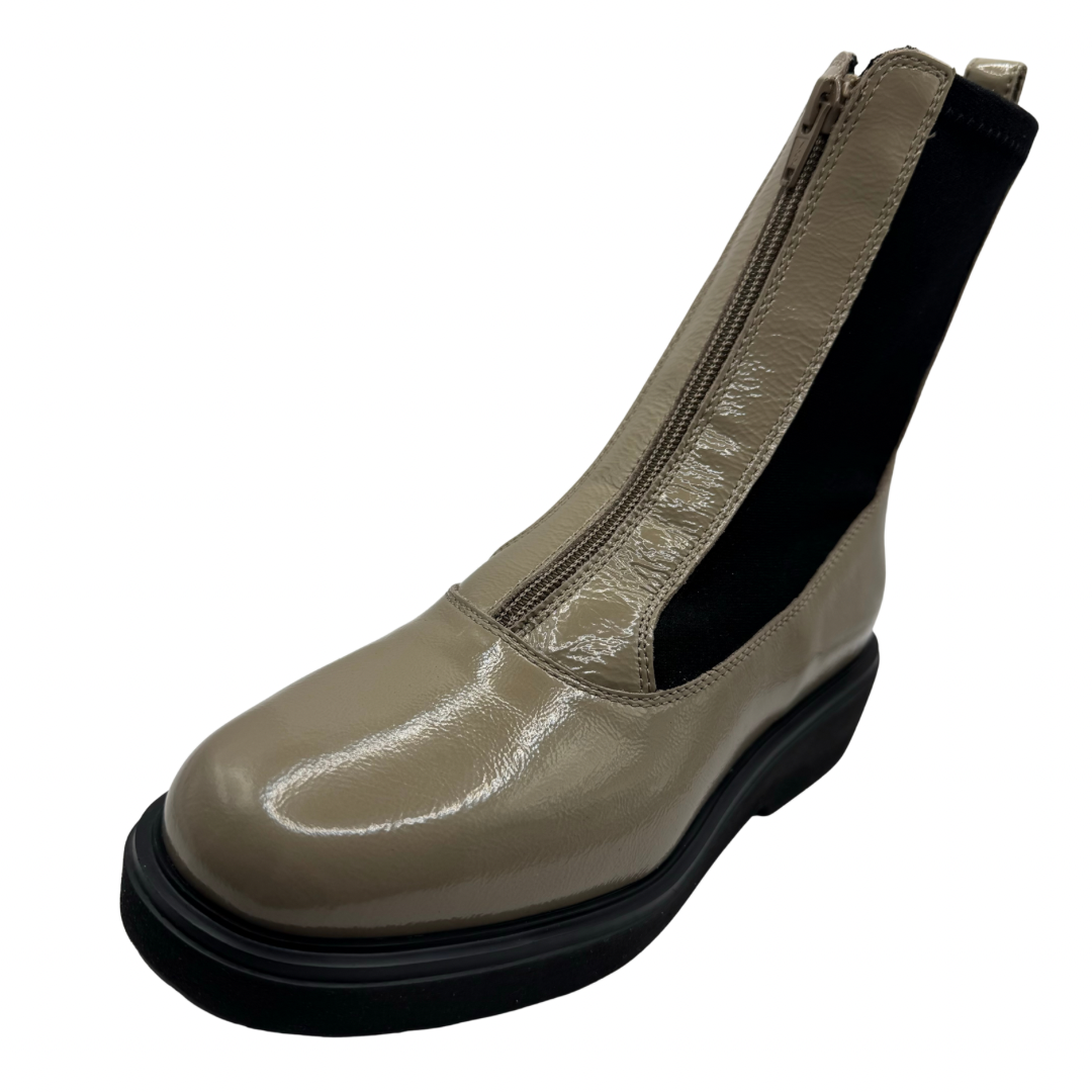 Unisa Taupe Patent Boots with Fromt Zip