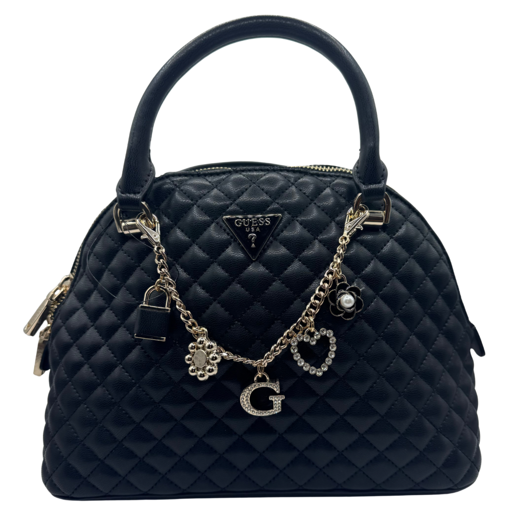 Guess Black Quilted Rounded  Handbag with Charm Detail
