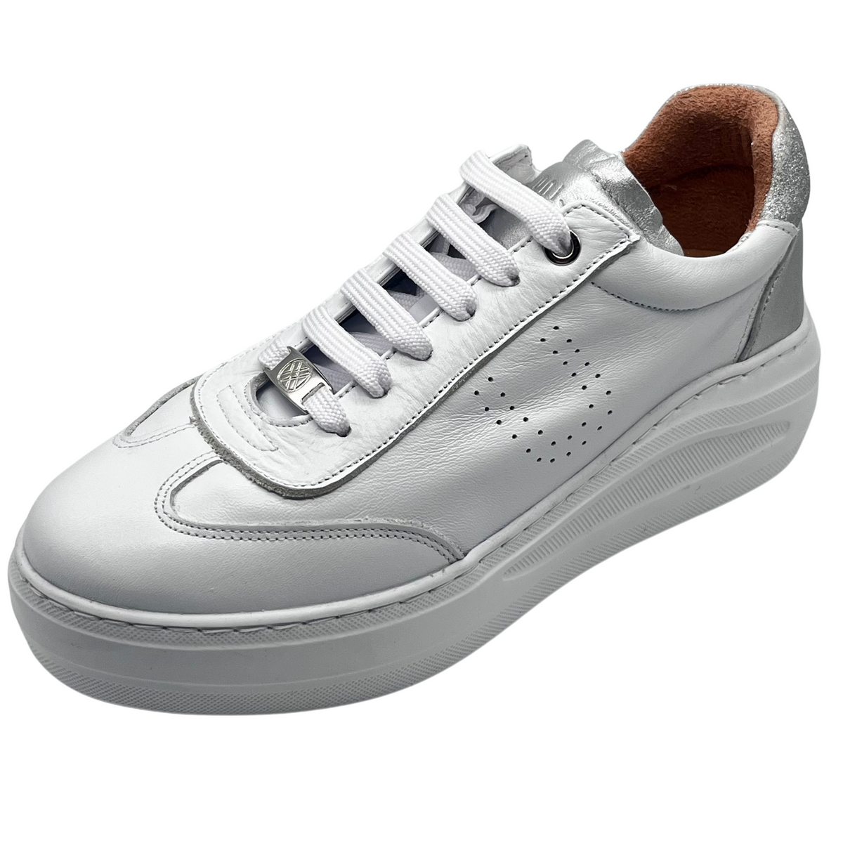 Unisa Leather White Trainer With Silver Design