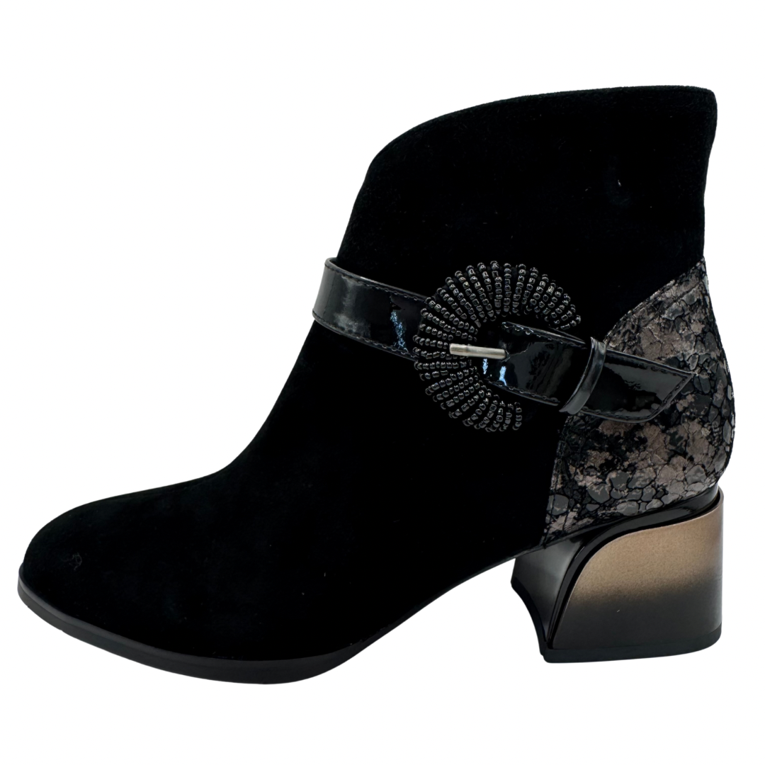 Loretta Vitale Black Suede Heeled Boots with Patent &amp; Round Buckle Detail