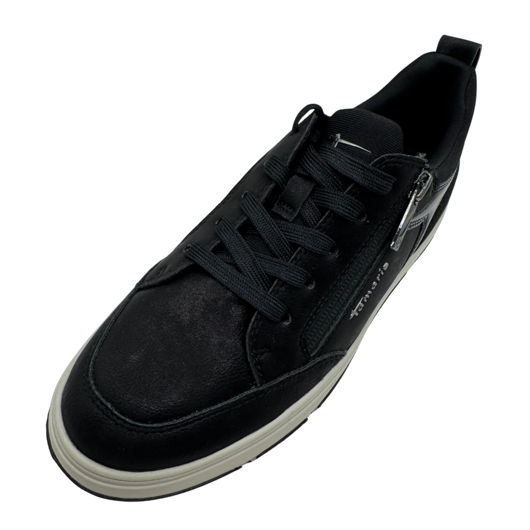 Tamaris Black Trainers with Patent Detail and White Sole