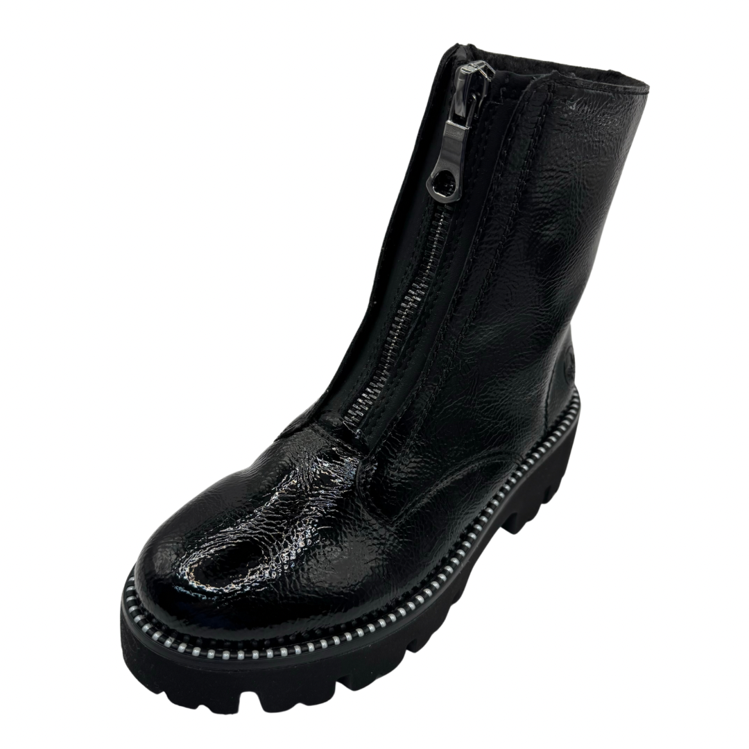 Rieker Black Patent Boots with Front Zip