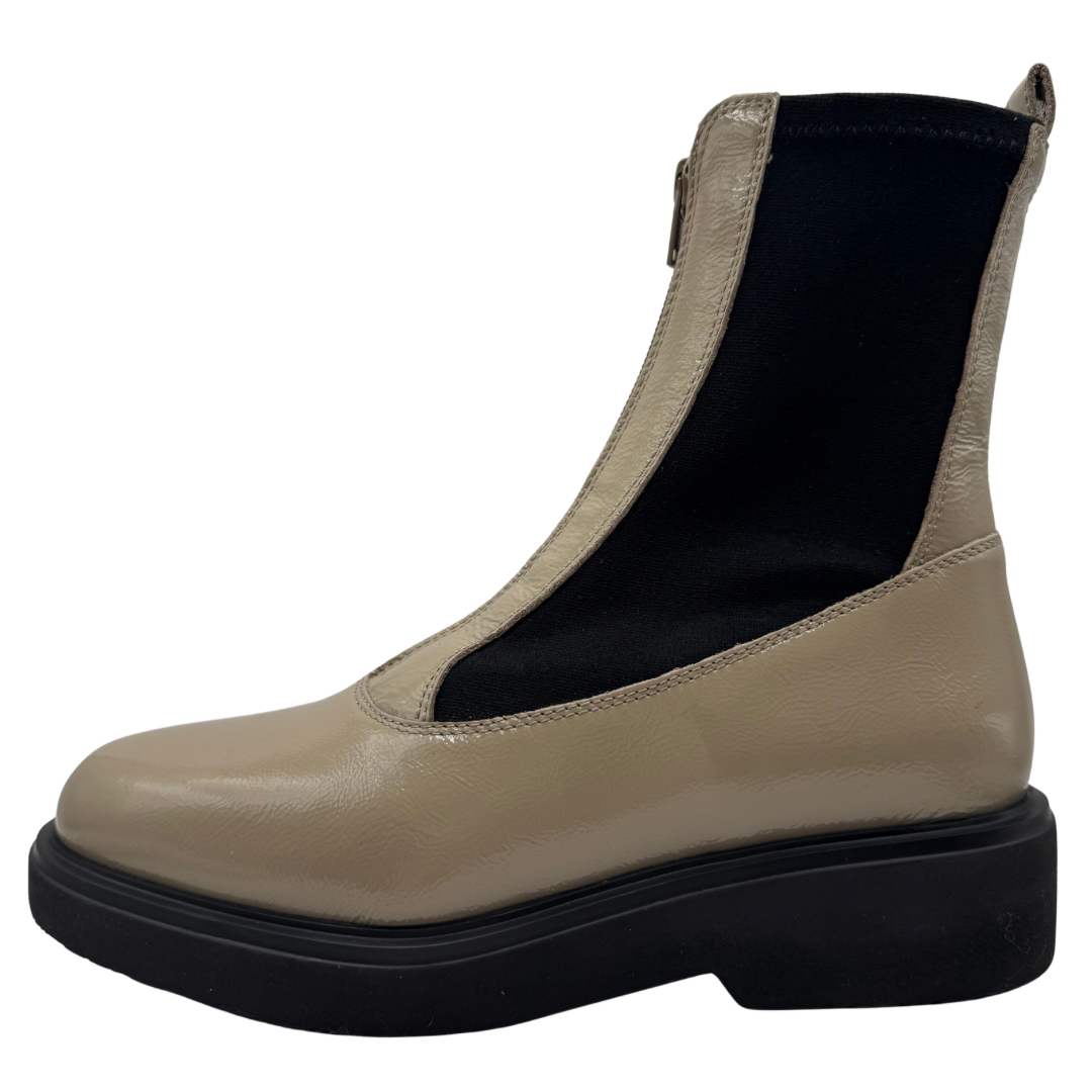 Unisa Taupe Patent Boots with Fromt Zip