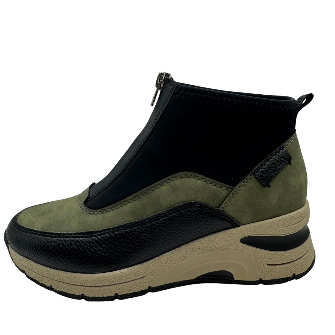 Rieker Green &amp; Black Wedged Trainer Boots with Front Zip