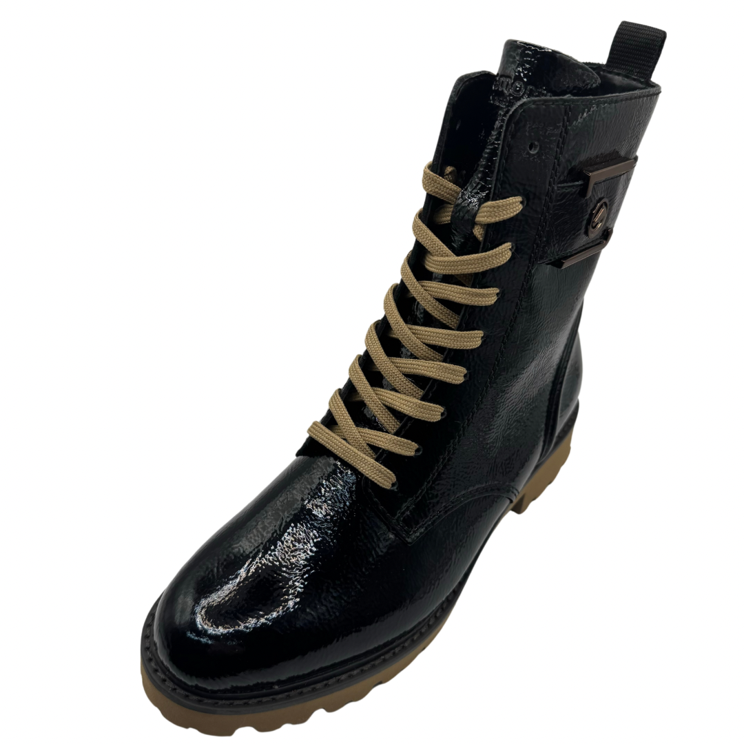 Remonte Black Patent Boots with Side Buckle Detail