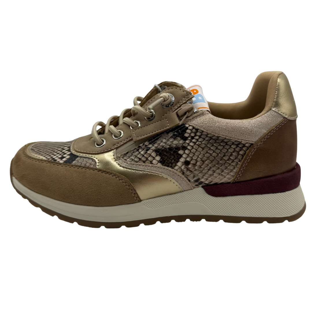 Refresh Brown, Gold &amp; Snake Print Trainers with Side Zip