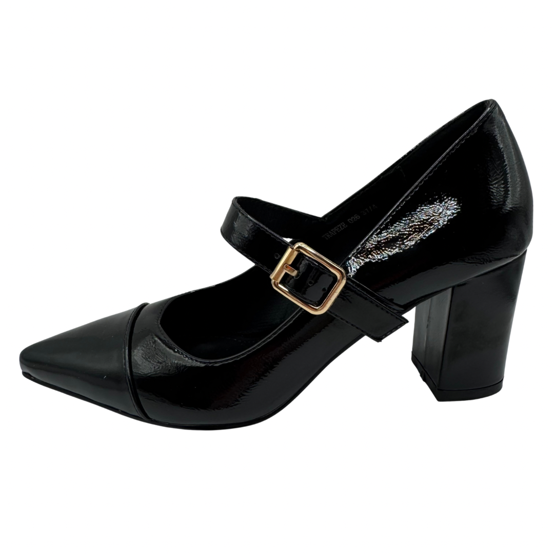 Dancing Matilda Black Patent Pointed Heeled Shoe with Strap