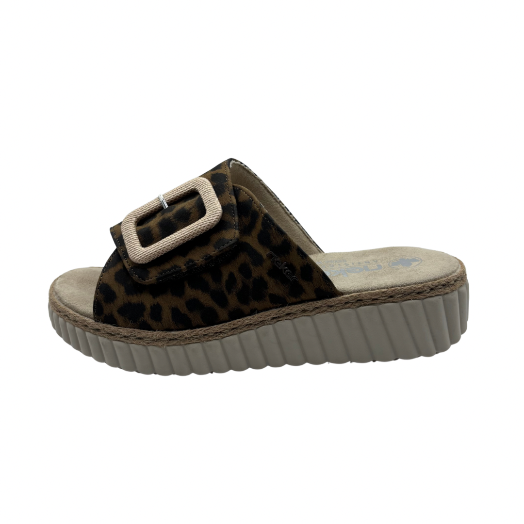 Rieker Leopard Print Slip on Sandals with Velcro Strap