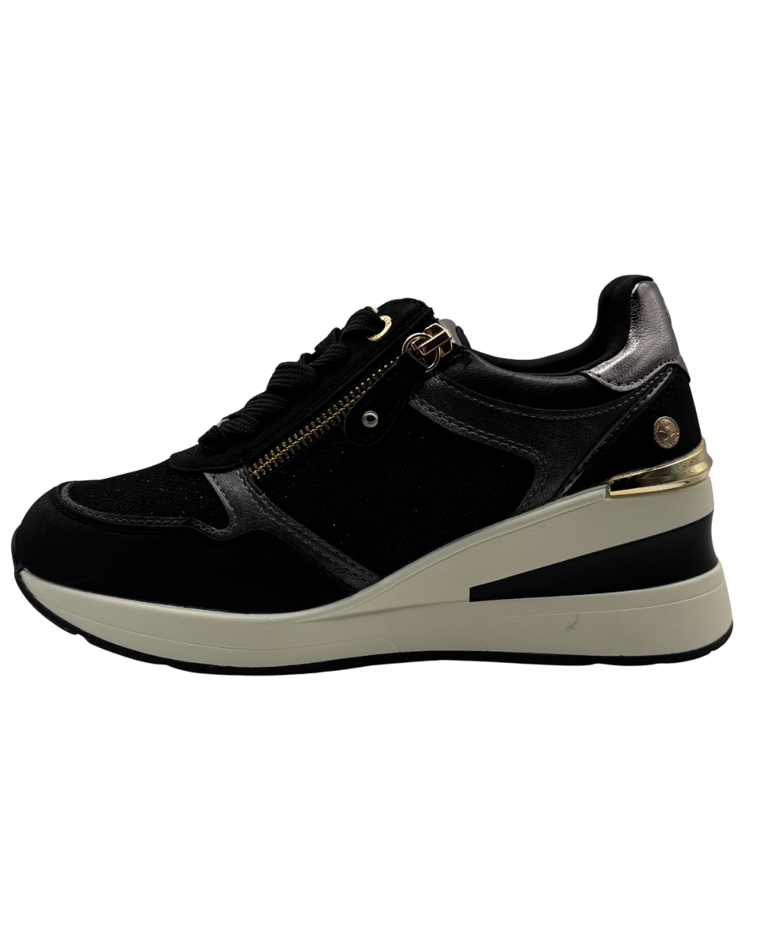 XTI Black Sparkle Wedged Trainer with Gold Zip
